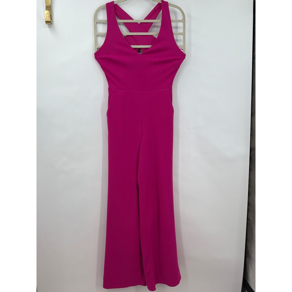 Crystal Sky Magenta Pink Crisscross Back Wide Leg Jumpsuit Medium V-Neck Pockets